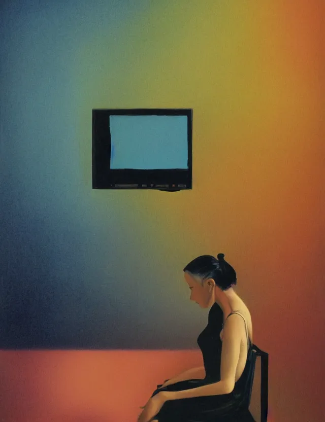 Prompt: woman in dark room sitting on a chair infront of tv, blue rays from tv, redshift, wide shot, coloured polaroid photograph, pastel, kodak film, hyper real, stunning moody cinematography, by maripol, fallen angels by wong kar - wai, style of suspiria and neon demon, david hockney, detailed, oil on canvas