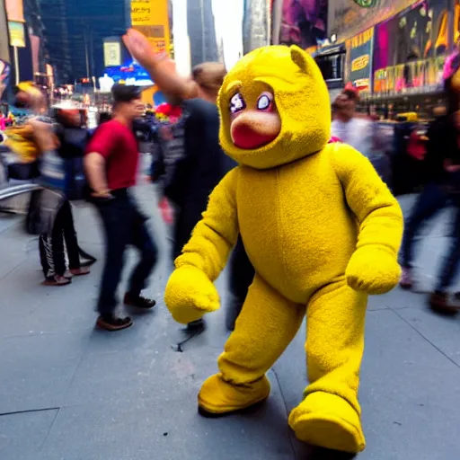 Prompt: An award winning photo, of a Teletubby, in the act of brutally curb stomping a man dressed in a Nazi uniform, in Time Square, NYC. 85mm lens, f1.8.