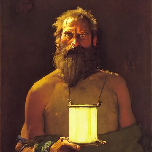 Image similar to Portrait Portrait of Diogenes the Cynic donning hobo costume whilst holding a lanthorn lantern whilst resting in an enormous wine cask winslow homer theodore gericault norman rockwell donato giancola john william waterhouse maxfield parrish mikhail vrubel arkhip kuindzhi astri lohne stained lacquer glaze