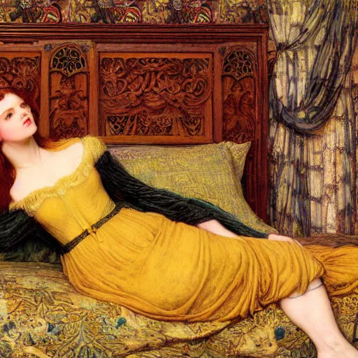 Image similar to preraphaelite photography reclining on bed, a hybrid of judy garland and nicole richie, aged 2 5, big brown fringe, wide shot, yellow ochre ornate medieval dress, john william waterhouse, kilian eng, rosetti, john everett millais, william holman hunt, william morris, 4 k