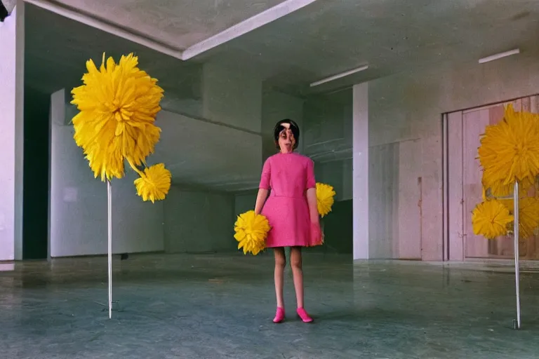 Image similar to giant flower head, girl standing, 1 9 6 0 s architecture, surreal photography, frontal, symmetry, mid century, liminal space, bright colours, wes anderson