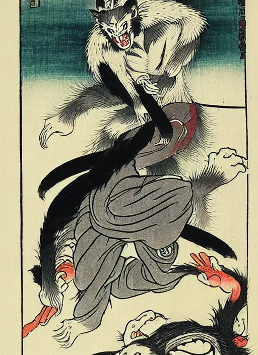 Image similar to the wolfman as a yokai illustrated by kawanabe kyosai and toriyama sekien