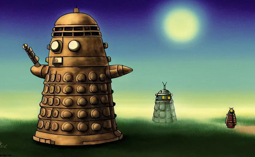 Image similar to a cell - shaded studio ghibli concept art study of a dalek on a misty starry night. very dull colors, hd, 4 k, hq