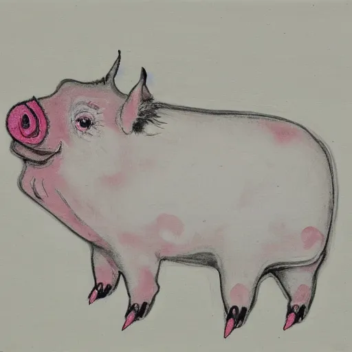 Image similar to “pig paintings and pig sculptures in a pig art gallery, pork, ikebana white flowers, white wax dripping, squashed raspberry stains, charcoal on paper, by munch and Dali”