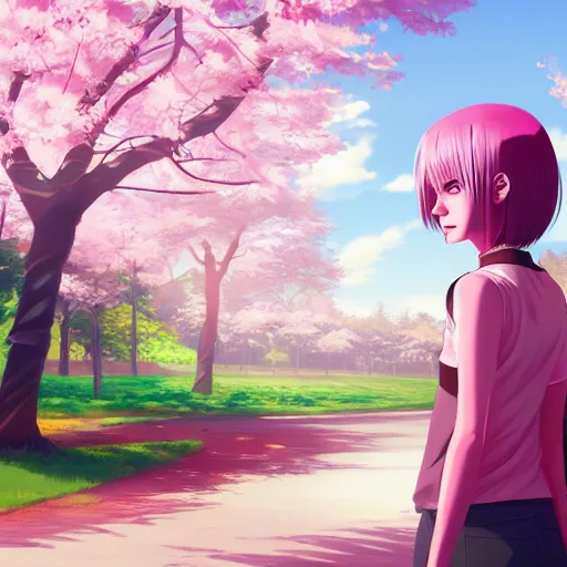 Image similar to sakura haruno, park landscape, 4k, anime key visual, lois van baarle, ilya kuvshinov, rossdraws, artstation