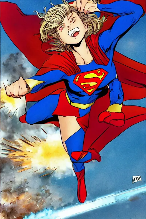 Image similar to a dramatic scene of supergirl leaping onto a tank and smashing it, on a battlefield, smoke, fires, explosions, manga art by masamune shirow, close - up, low angle, wide angle, highly detailed digital art