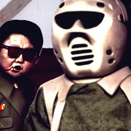 Prompt: a still of Kim Jong-il as Jason Voorhees, north Korean slasher