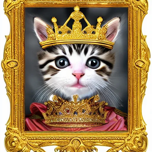 Image similar to a kitten emperor adorned in jewels. hyper realistic, king, gold crown, portrait