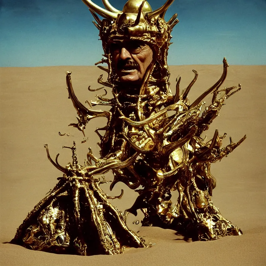 Image similar to salvador dali wearing a golden horned crown and jewels in a dry sand desert landscape, alien spaceship by giger, film still from the movie by alejandro jodorowsky with cinematogrophy of christopher doyle and art direction by hans giger, anamorphic lens, kodakchrome, very detailed photo, 8 k