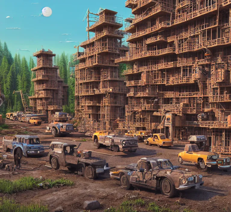 Prompt: hyperrealism photography hyperrealism concept art of highly detailed beavers builders that building highly detailed futuristic ( 1 0 5 0 0 year ) city by wes anderson and hasui kawase and scott listfield sci - fi style hyperrealism rendered in blender and octane render volumetric natural light