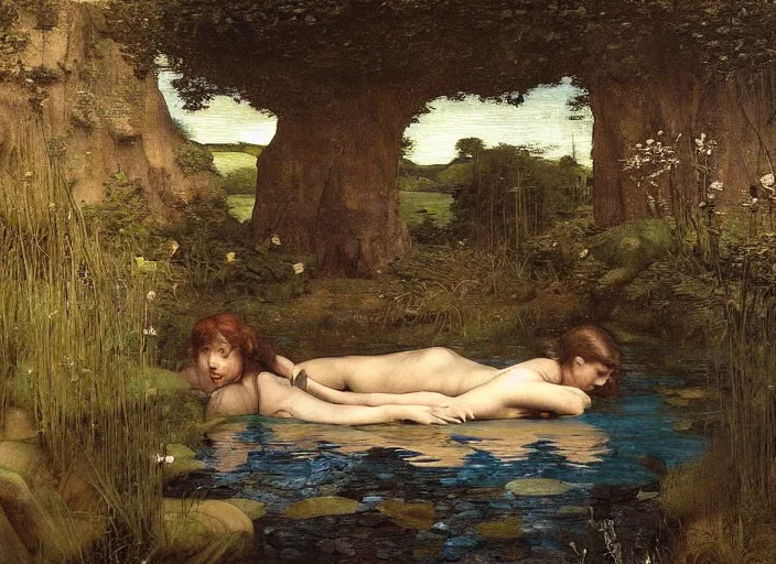 Image similar to looking into rocking hole in the ground. 2 0'down a tranquil pond and a sandy beach are visible. edgar maxence and caravaggio and michael whelan and delacroix style, artistic, intricate painting, cinematic lighting, hyper realistic, extremely detailed, vivid colors, establishing shot, dramatic lighting