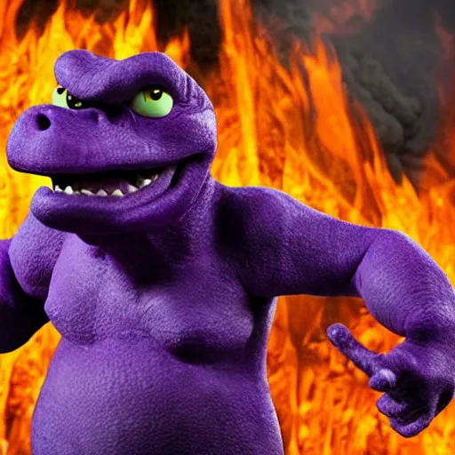 Prompt: barney the purple dinosaur burns in the lava of mount doom clutching the one ring