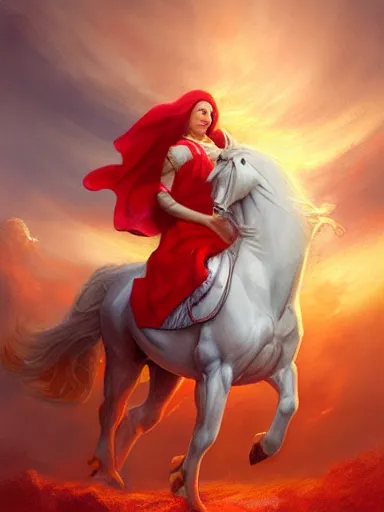 Prompt: the sun. a happy angelical todler, riding a white horse, holding a red banner. intricate, elegant, highly detailed, digital painting, artstation, concept art, sharp focus, illustration, by justin gerard and artgerm, 8 k