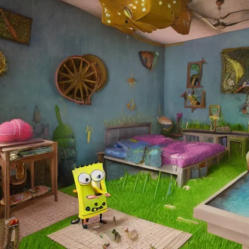 Prompt: spongebob bikini bottom, intricate detail, hieronymous bosch, whealan, hd, unreal engine