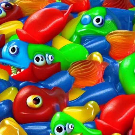 Image similar to using gummi - worm bait to fish for swedish - fish hyperdetailed, hd, 8 k, pixar style