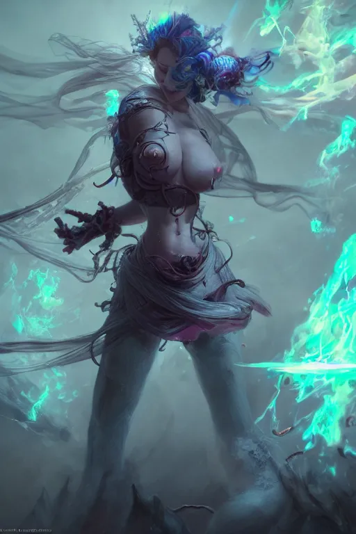 Image similar to torso closeup beautiful girl necromancer, witch - doctor exploding into space casting spell, angels, 3 d render, hyper - realistic detailed portrait, holding fire and electricity, ruan jia, wlop. scifi, fantasy, magic the gathering, hyper detailed, octane render, concept art, peter mohrbacher