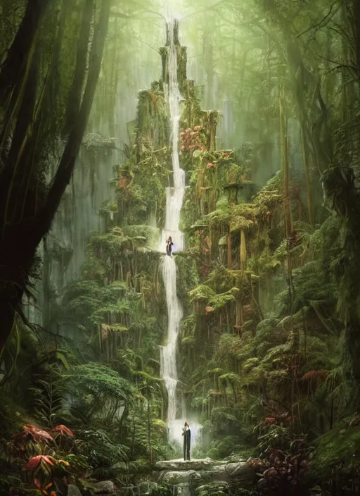 Image similar to a hyper realistic architectural witch shrine under a waterfall in the woods, gorgeous lighting, lush forest foliage, painting by chiara bautista and tom bagshaw, muca beksinski and norman rockwell and greg rutkowski weta studio, and lucasfilm