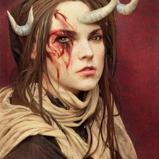 Prompt: masterpiece portrait of a surly and resentful female tiefling thief with horns clothed in ragged clothes and a cloak, by Greg Rutkowski and John Collier and Krenz Cushart and Artem Demura and Alphonse Mucha and Albert Aublet, as seen on ArtStation, 4k, dungeons and dragons, very aesthetic, very detailed, intricate, unreal, fantasy, dramatic, painterly, artstation, sharp focus, smooth