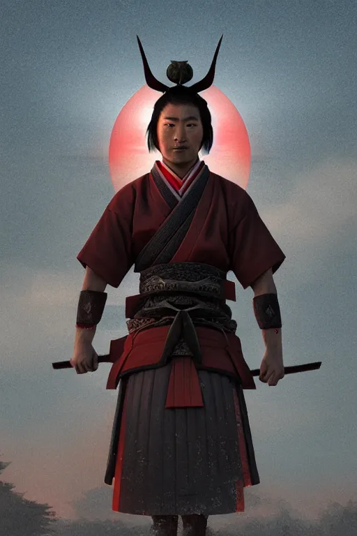 Image similar to Closeup portrait of a samurai wearing a sashimono. Red rising sun and Torii gate in background. Unique godlike samurai. Greg rutkowski legendary matte painting.. 4k, particles light,