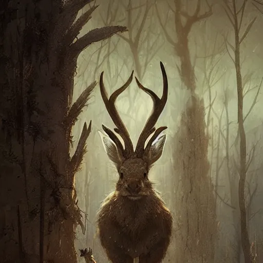 Prompt: a jackalope, jackrabbit with the antlers of a deer bigger than a building. Menacing. Soulless eyes. By Greg Rutkowski. By Marc Simonetti. C. M. Kosemen.