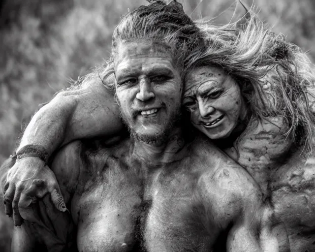 Prompt: Orc woman carrying human man in her arms, happy couple photograph