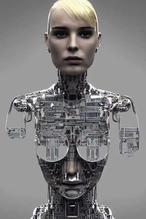 Prompt: robot with human face, female head, bust, woman human face, human face realistic, human head, human head with blonde hair, blonde hair human head, blonde hair, human realistic face, human head skin, cyborg frame concept, cyborg by ales-kotnik, sci-fi android female, the body is made of wires, robotic body, cyborg body, cyborg bust body, robot body cyborg