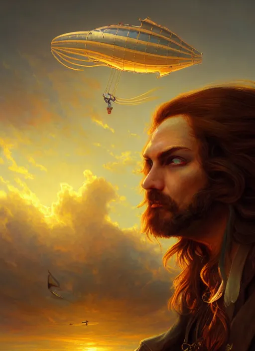 Image similar to portrait painting of a handsome face rugged long hair crimson hair male pirate, top half portrait soft hair steampunk ornate zeppelin blimp airship in the background sky sunset golden hour fantasy soft hair deviantart book cover art dramatic volumetric lighting art by wlop greg rutkowski gaston bussiere