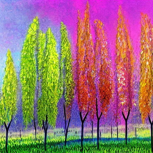 Prompt: colorful willow trees spring landscape magical realism detailed luminescent painting