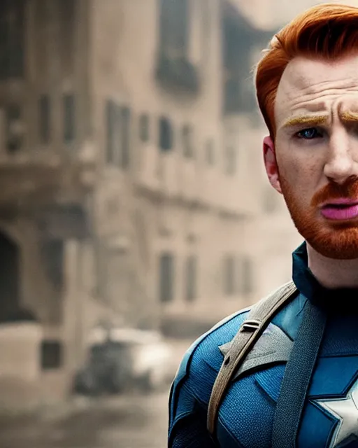 Image similar to film still close - up shot of ginger chris evans as captain america from the movie captain america : the first avenger. photographic, photography