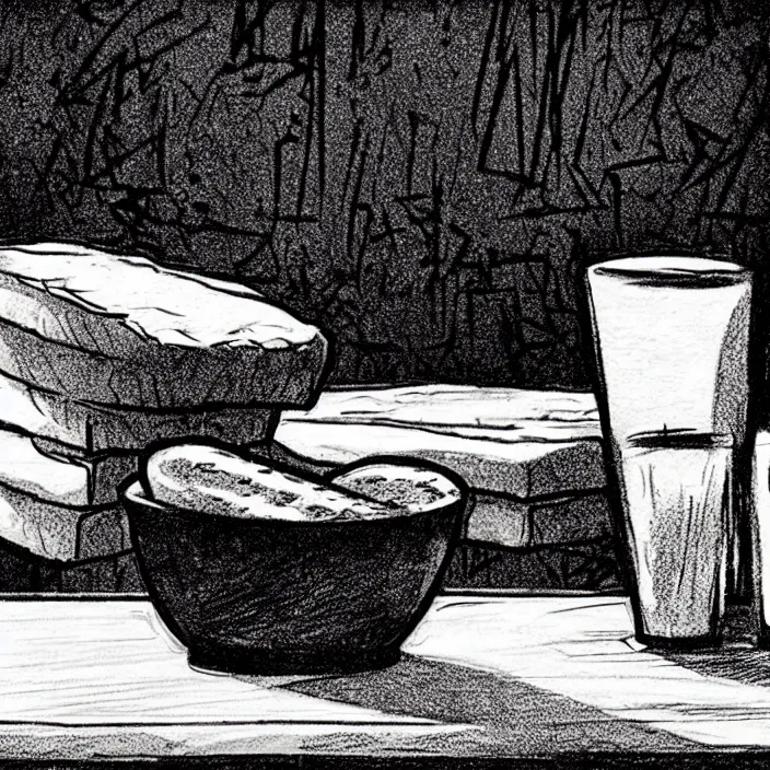 Image similar to extreme close - up on a table : poor quality bread, water, and gruel. background : black tiles on walls. black and white, pencil and ink. by gabriel hardman, joe alves, chris bonura. cinematic atmosphere, detailed and intricate, perfect anatomy