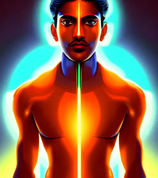 Image similar to symmetry!! indian prince of technology, solid cube of light, hard edges, product render retro - futuristic poster scifi, lasers and neon circuits, brown skin handsome indian prince, intricate, elegant, highly detailed, digital painting, artstation, concept art, smooth, sharp focus, illustration, dreamlike, art by artgerm