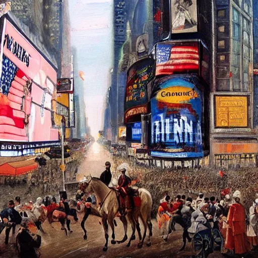 Prompt: a famous oil painting of george washington crossing the street times square is in the background 2 0 1 8