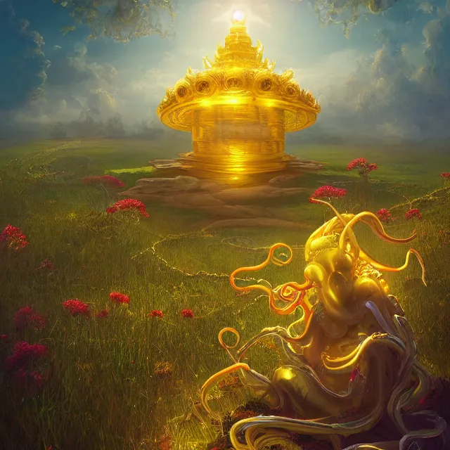 Prompt: a octopus on top of a flowery grassy golden godly glowing temple fantasy, rim light, lighting, winy, artstation, digital art.