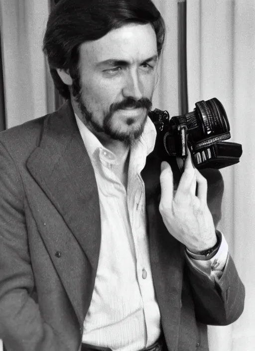 Prompt: a man in the 1 9 7 0 s holding a camera