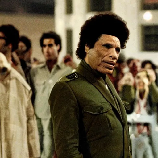 Prompt: A movie still of Muammar Gaddafi in Satuday Night Fever