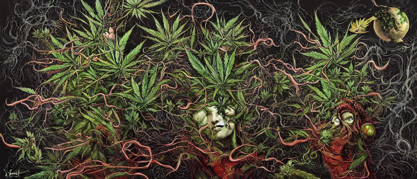 Image similar to cannabis paranoia, nightmare anomalies, venus flytrap by dariusz zawadzki, kenneth blom, mental alchemy, james jean, pablo amaringo, naudline pierre, contemporary art, hyper detailed