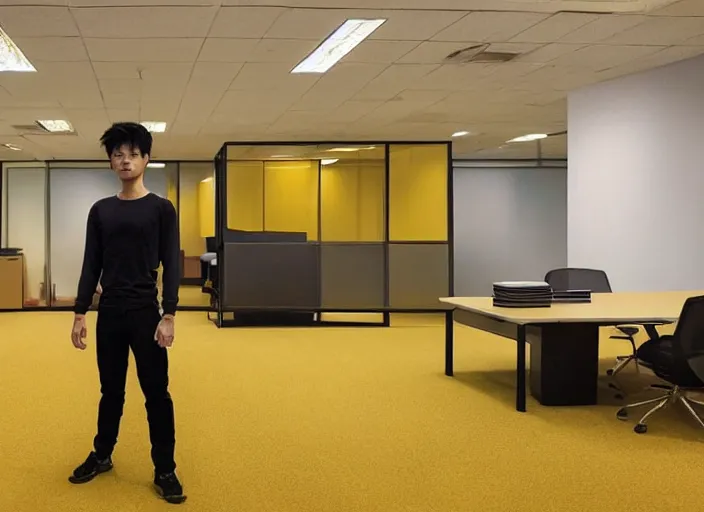 Image similar to low quality photo of real life version of son goku in the backrooms, mono - yellow old moist carpet randomly connected infinite empty office space yellow colors warm light scary