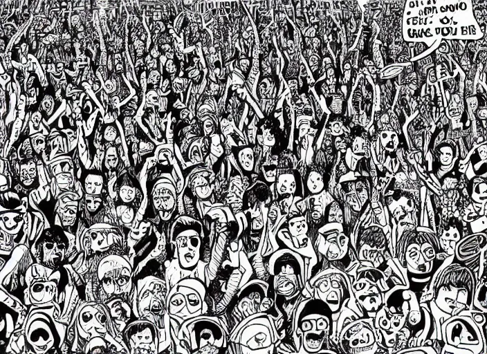Prompt: where's Waldo intricate rave party drawing by martin handford (1978), find the hidden objects picture
