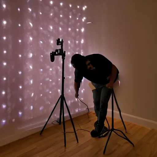 Prompt: Mutahar laughing, led lights, dark room