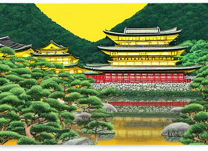Image similar to japanese yellow fortress in a city inside the arashiyama forest by studio ghibli painting