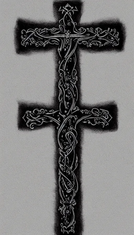 Image similar to tattoo art, gothic cross with a sky background, white and black