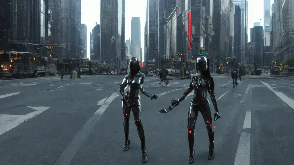 Image similar to modern sci-fi ninja woman with a mechanical sword and translucent shiny armour, walking towards oncoming traffic in downtown chicago, daytime, matte painting, unreal engine, cinematic camera, mirrors edge, inception