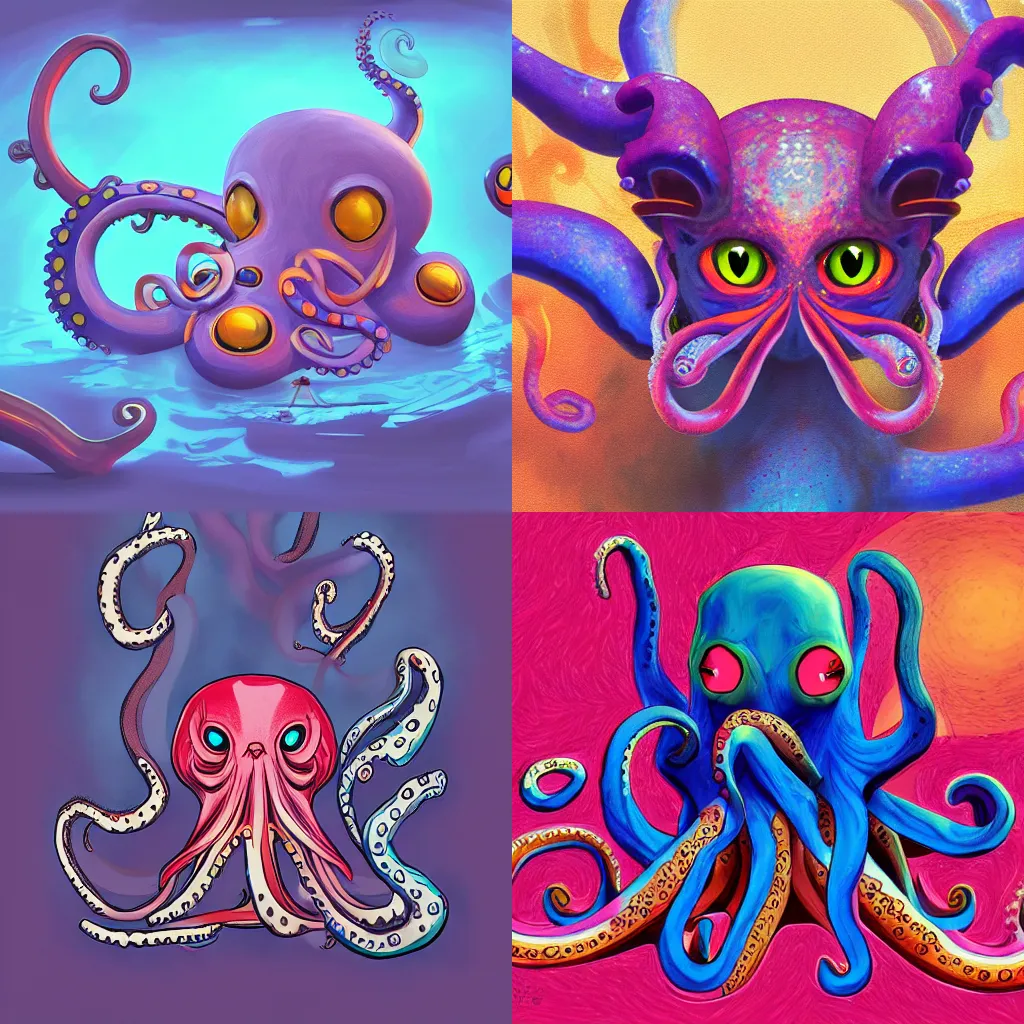 Prompt: the unholy merging of a cat and octopus, digital painting, matte finish, detailed, 4 k, colorful