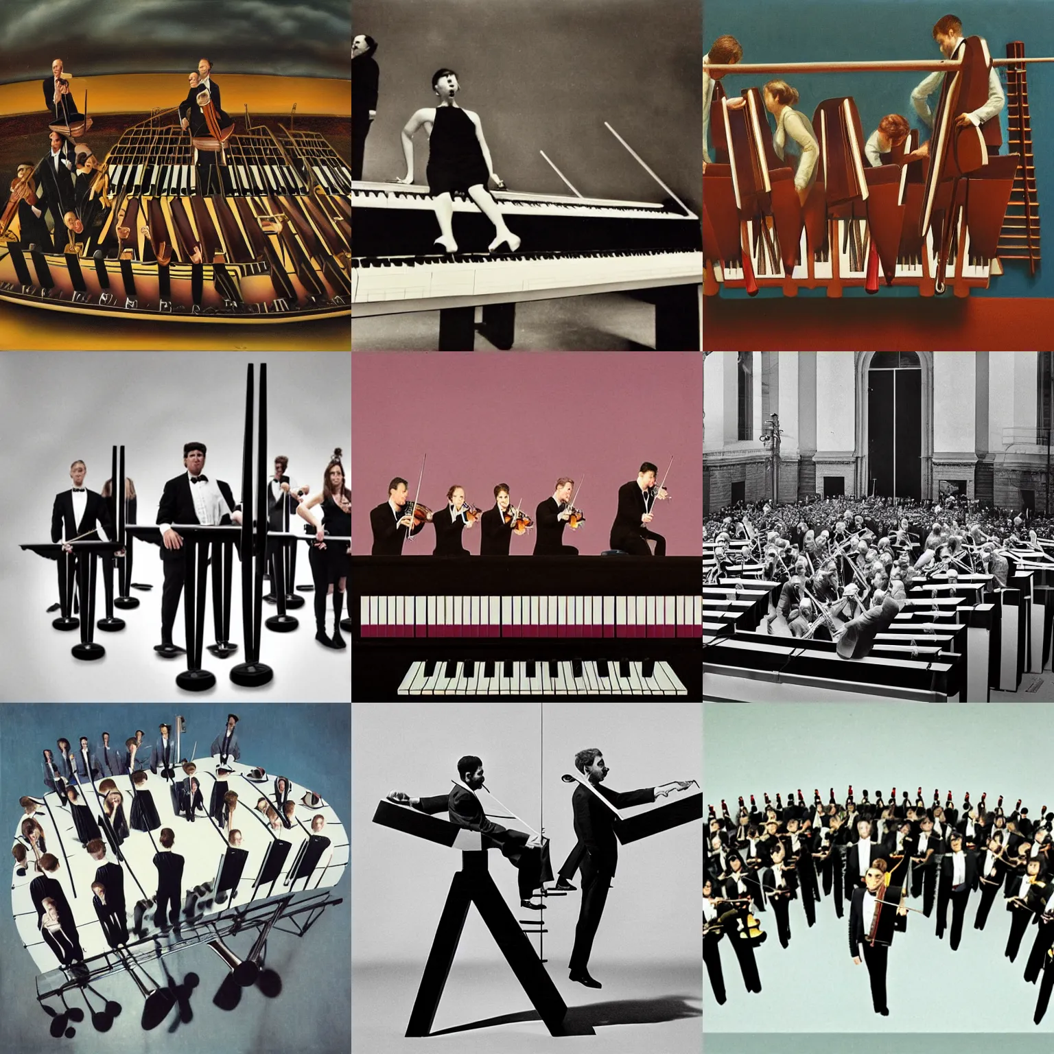 Prompt: members of an orchestra standing on oversized floating piano keys, surrealism