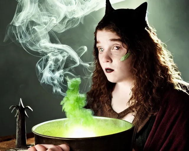 Prompt: close up portrait, dramatic lighting, concentration, calm confident teen witch and her cat mixing a spell in a cauldron, a little smoke fills the air, a witch hat and cape, a little green smoke is coming out of the cauldron, ingredients on the table, apothecary shelves in the background, still from harry potter