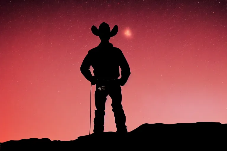 Prompt: old western cowboy with hand on hip on posing to camera on mars, distant background, red lighting, ominous, moonlight, bokeh, depth of field, synthwave, psychedelic, glitch, acrylic, flooko, detailed, cybernetic, sci-fi, glows,