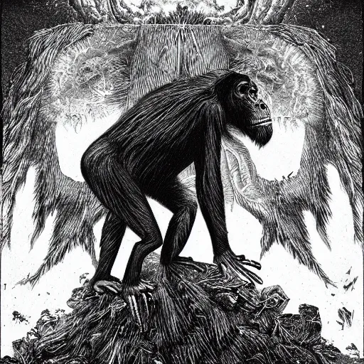 Image similar to chimpanzee descending from heaven, in the style of deathspell omega's fas album cover, illustration, detailed