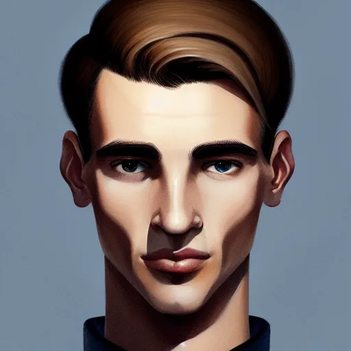 Image similar to tall man in his twenties with brown blond short quiff hair and thin slightly round facial structure with cleft chin, straight eyebrows and prominent nose, good definition of cheekbones, big hazel nut brown eyes, narrow face, slim body, atmospheric lighting, painted, intricate, 4 k, highly detailed by charlie bowater