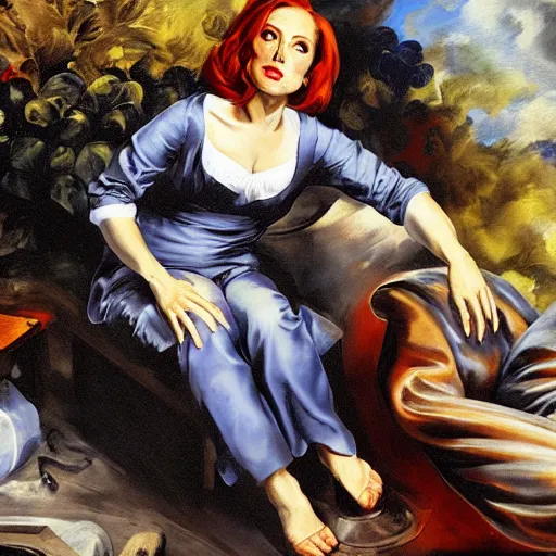 Prompt: dana scully sitting on a chaise lounge, auslese, by peter paul rubens and eugene delacroix and karol bak, hyperrealism, digital illustration, fauvist