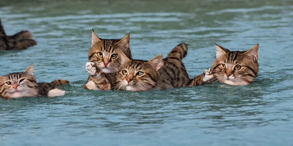 Image similar to cats swimming in the beira lake of colombo sri lanka, in the style of Akira Toriyama